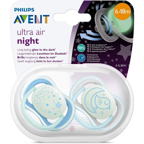 2 Ultra Air Night Time Soothers 6-18 - Blue