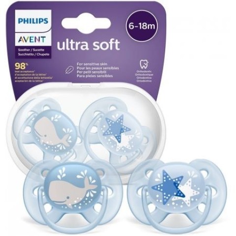 2 Deco Ultra Soft Soothers 6-18m - Blue