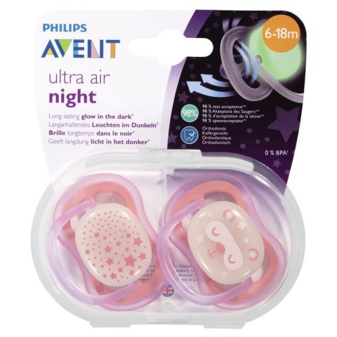 2 Ultra Air Night Time Soothers 6-18 - Pink